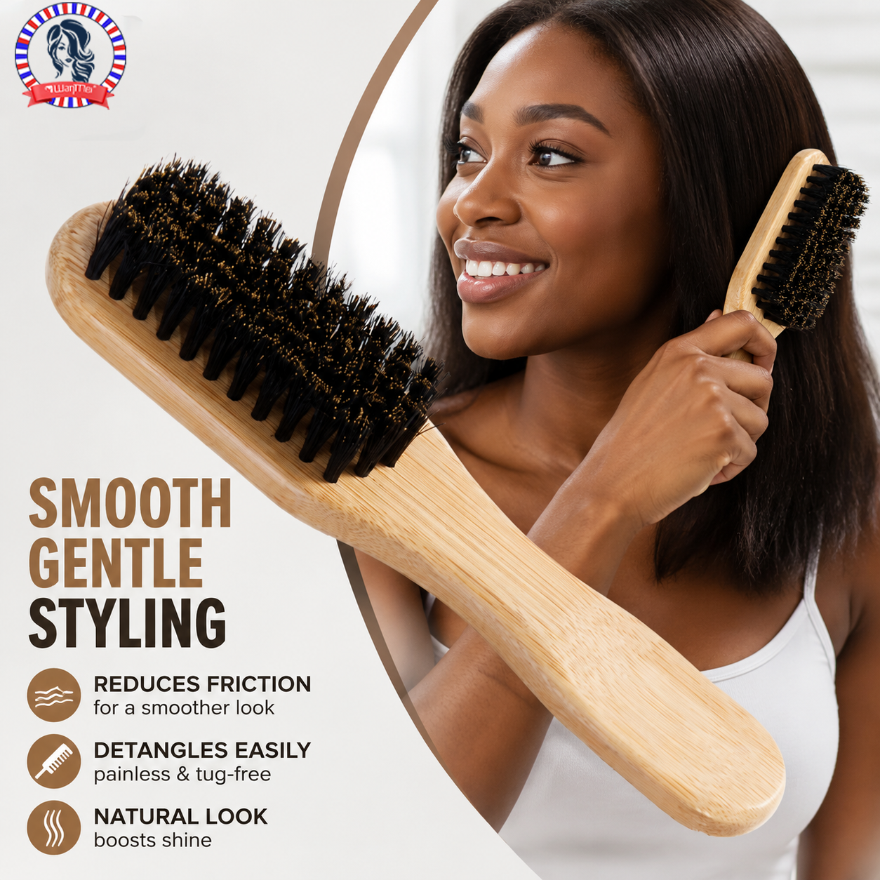 Mens Grooming Barber - Bamboo Wood Bristle Brush Reduces Friction